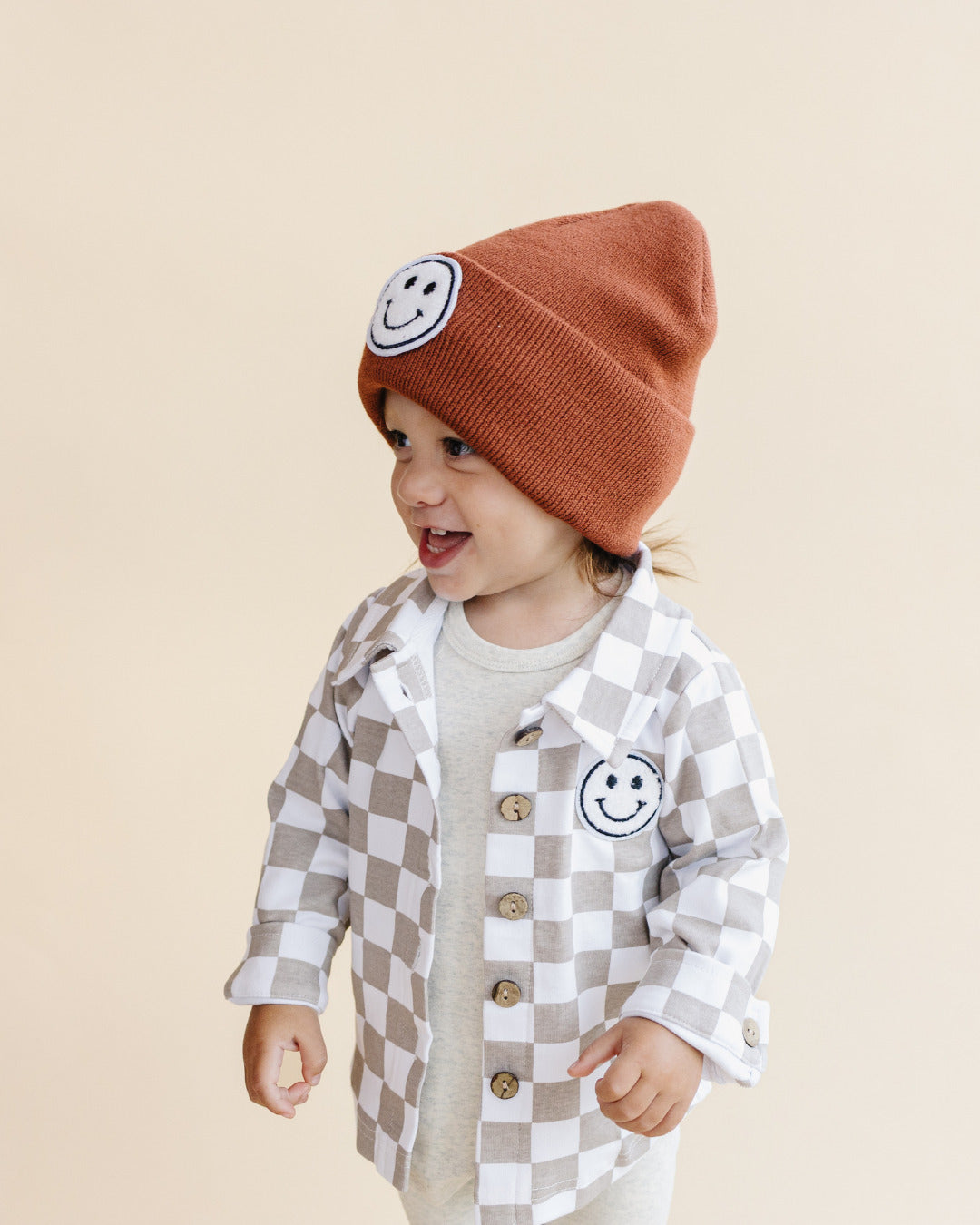 cotton shacket // smiley checkered latte (available in extended sizing up to 8/9)