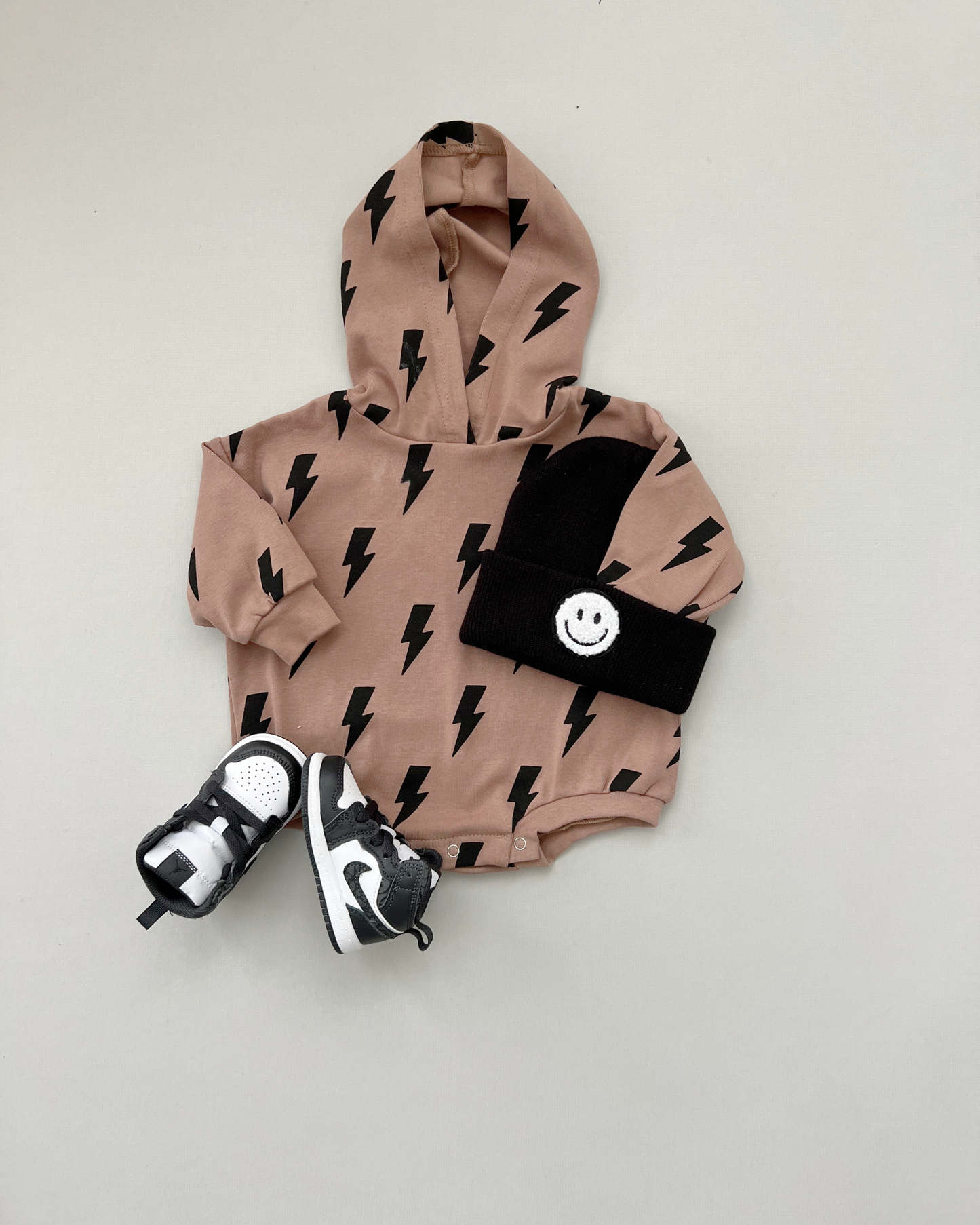 hooded bubble romper // mocha bolts