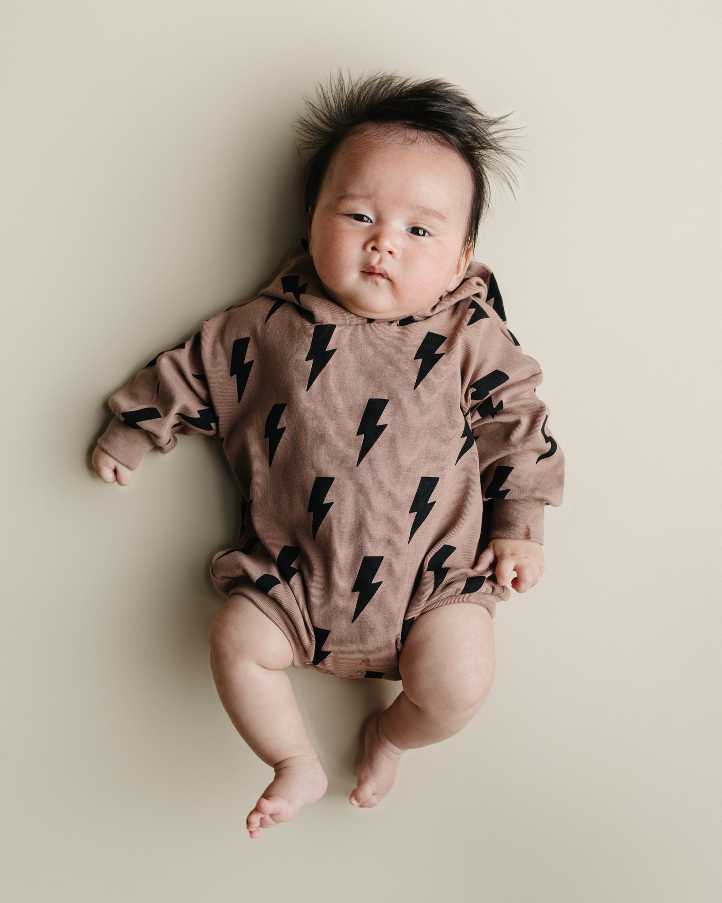 hooded bubble romper // mocha bolts