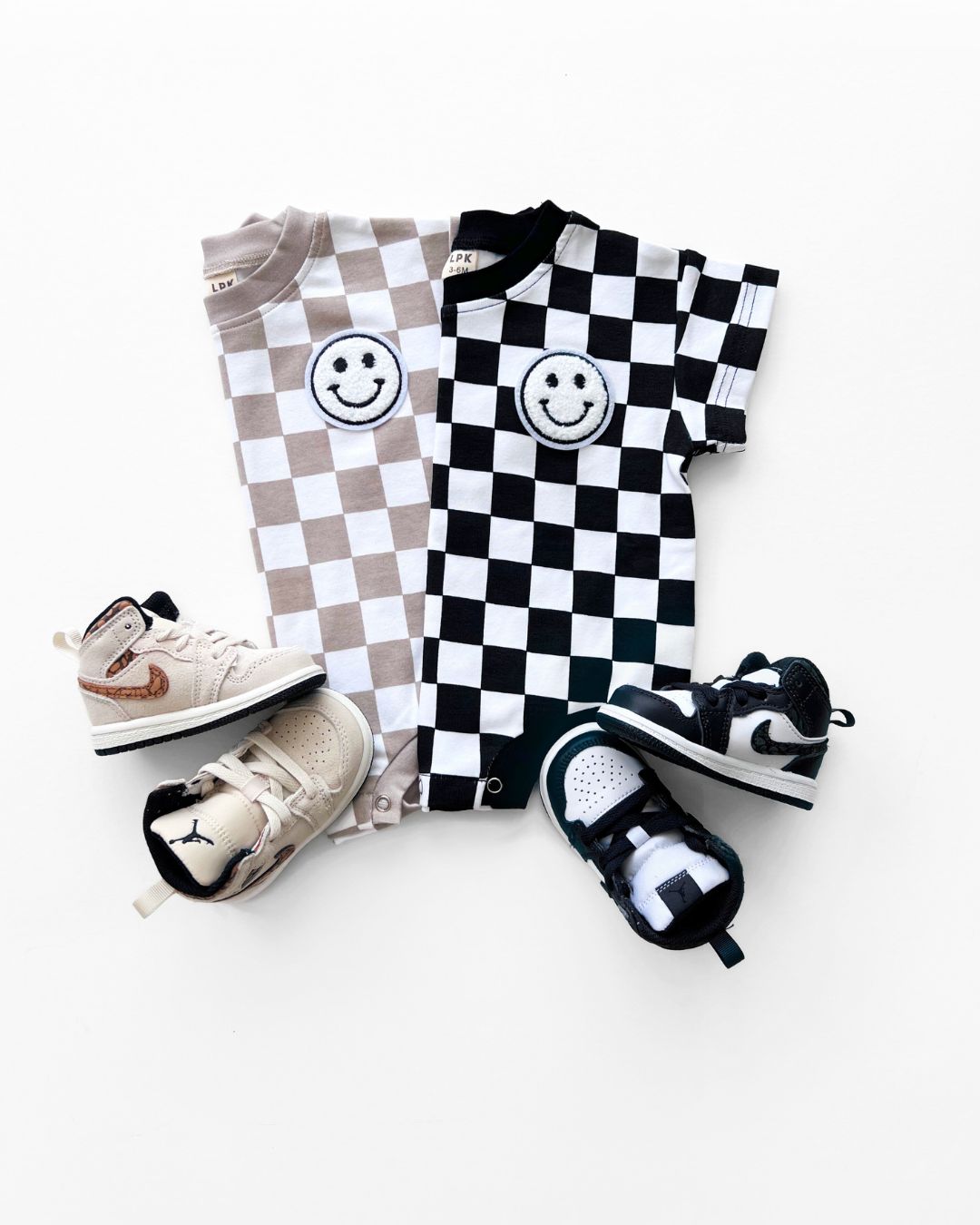 short sleeve bubble romper // checkered smiley latte