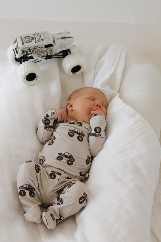 monster truck bamboo pajamas // SLEEPY-TIME FOOTED SET