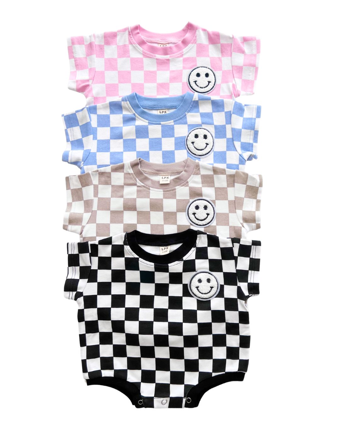 short sleeve bubble romper // checkered smiley latte