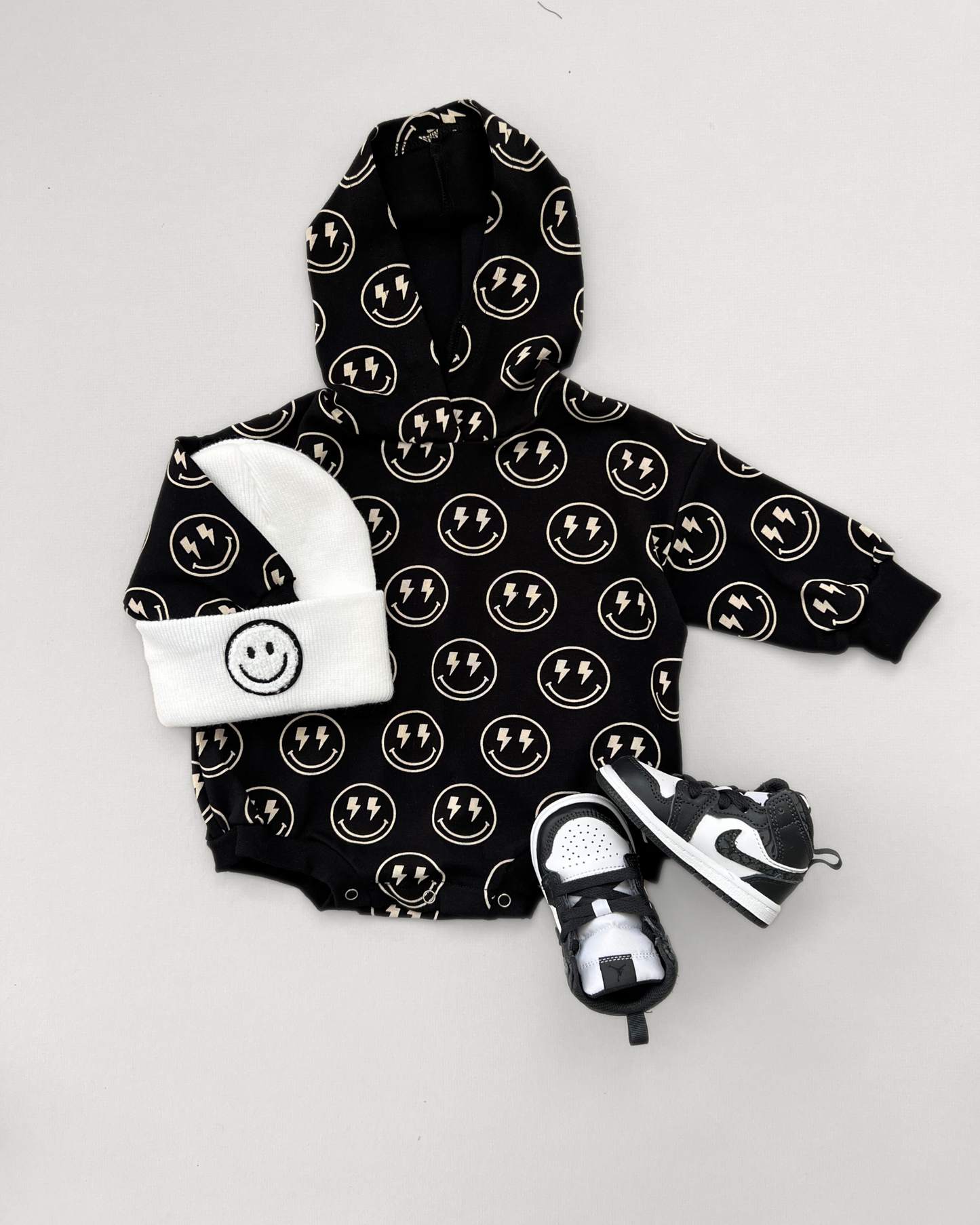 hooded bubble romper // electric smiley