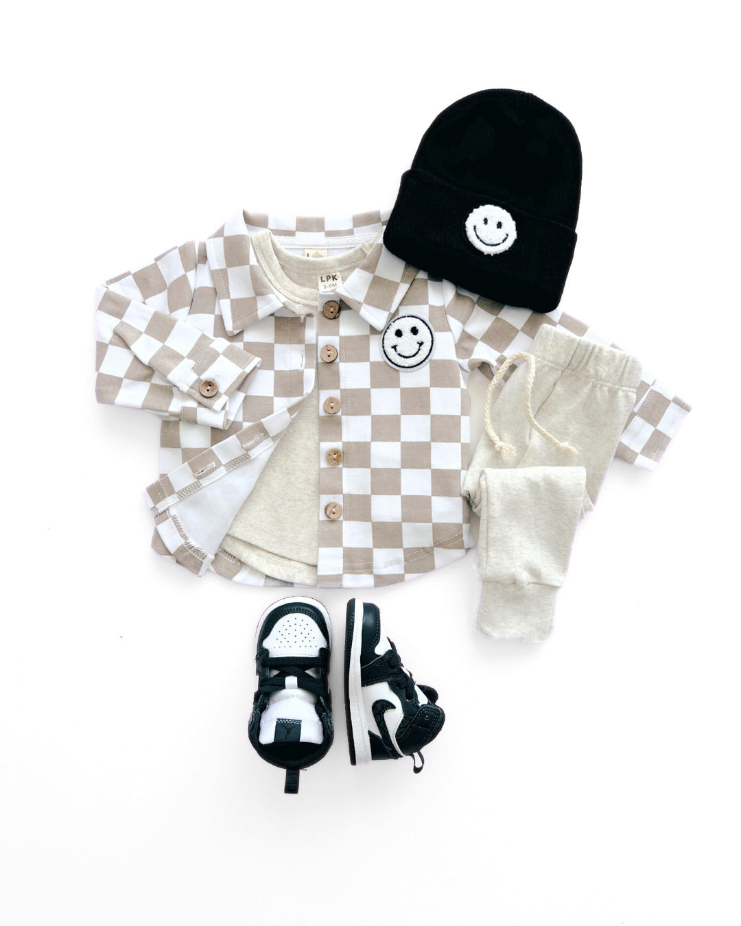 cotton shacket // smiley checkered latte (available in extended sizing up to 8/9)