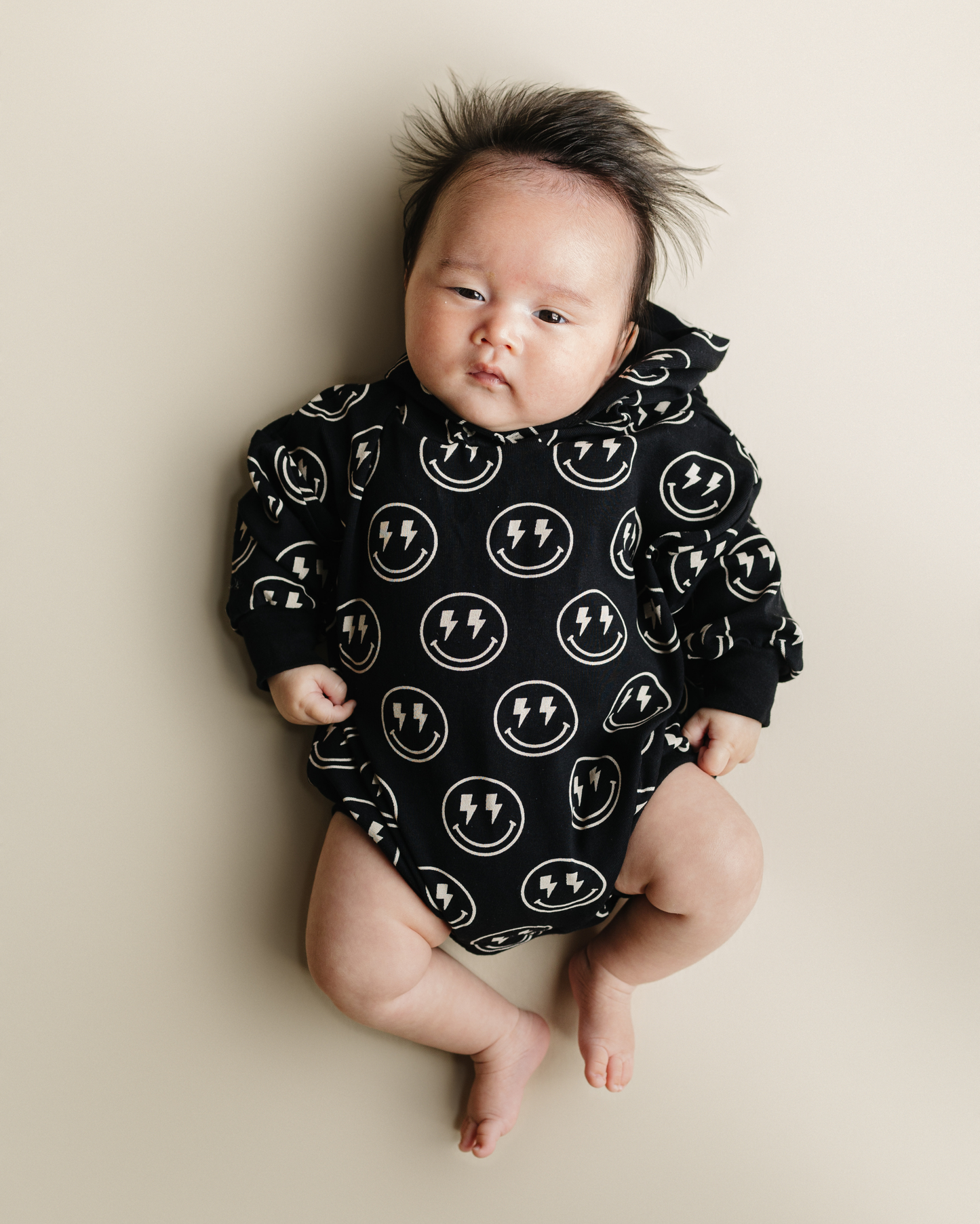 hooded bubble romper // electric smiley