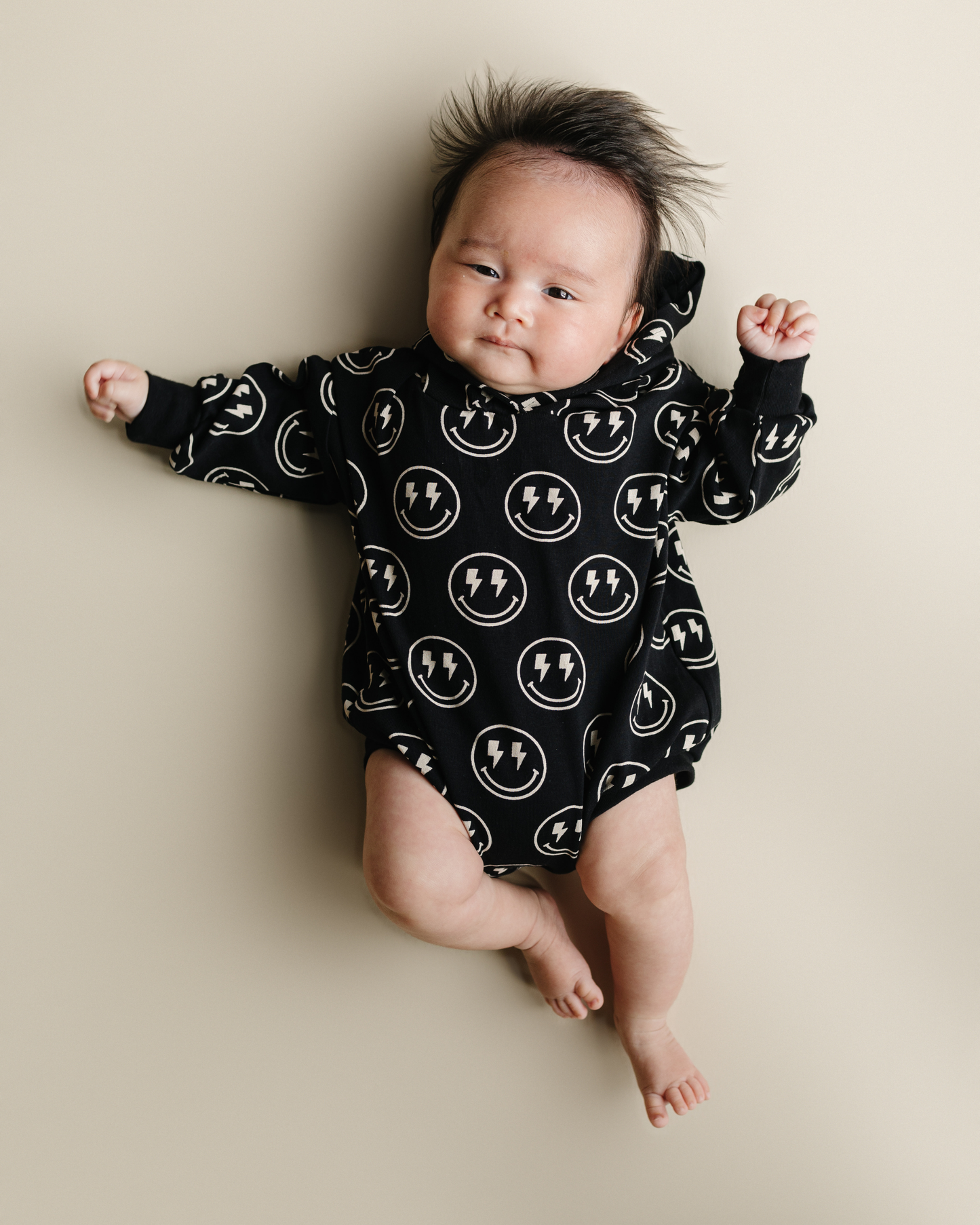 hooded bubble romper // electric smiley