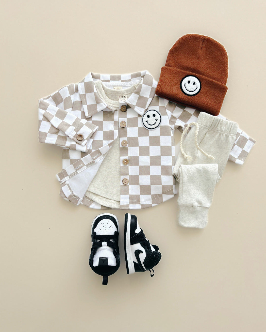 cotton shacket // smiley checkered latte (available in extended sizing up to 8/9)