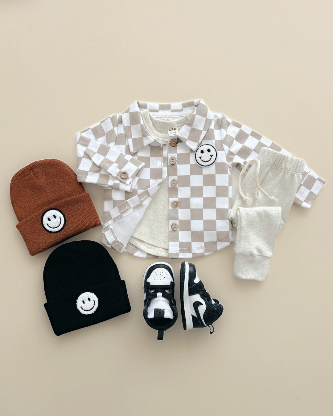 cotton shacket // smiley checkered latte (available in extended sizing up to 8/9)