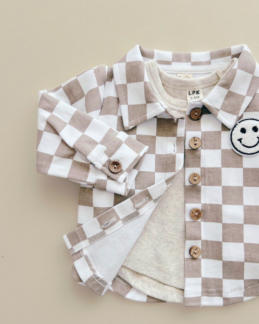 cotton shacket // smiley checkered latte (available in extended sizing up to 8/9)
