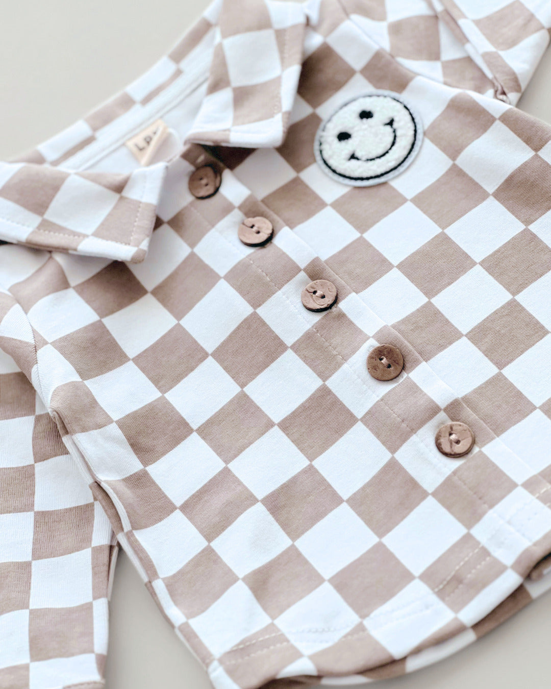 cotton shacket // smiley checkered latte (available in extended sizing up to 8/9)