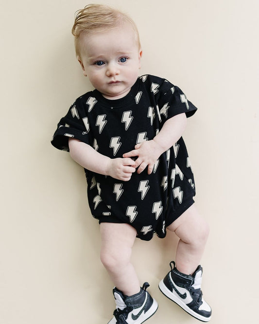short sleeve bubble romper // black lightning bolts