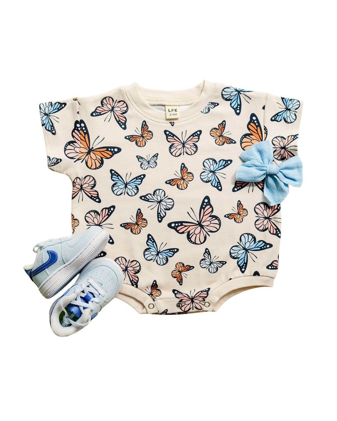 short sleeve bubble romper // butterflies