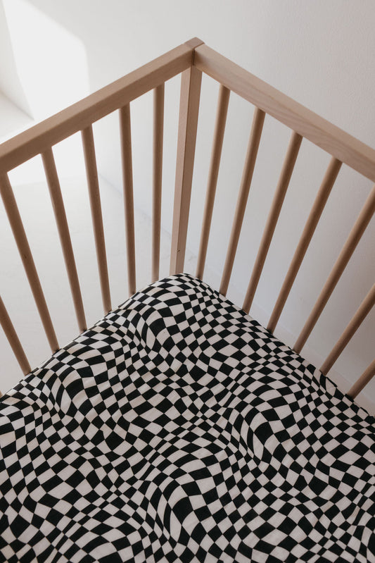 muslin crib sheet // black + white wavy checkerboard