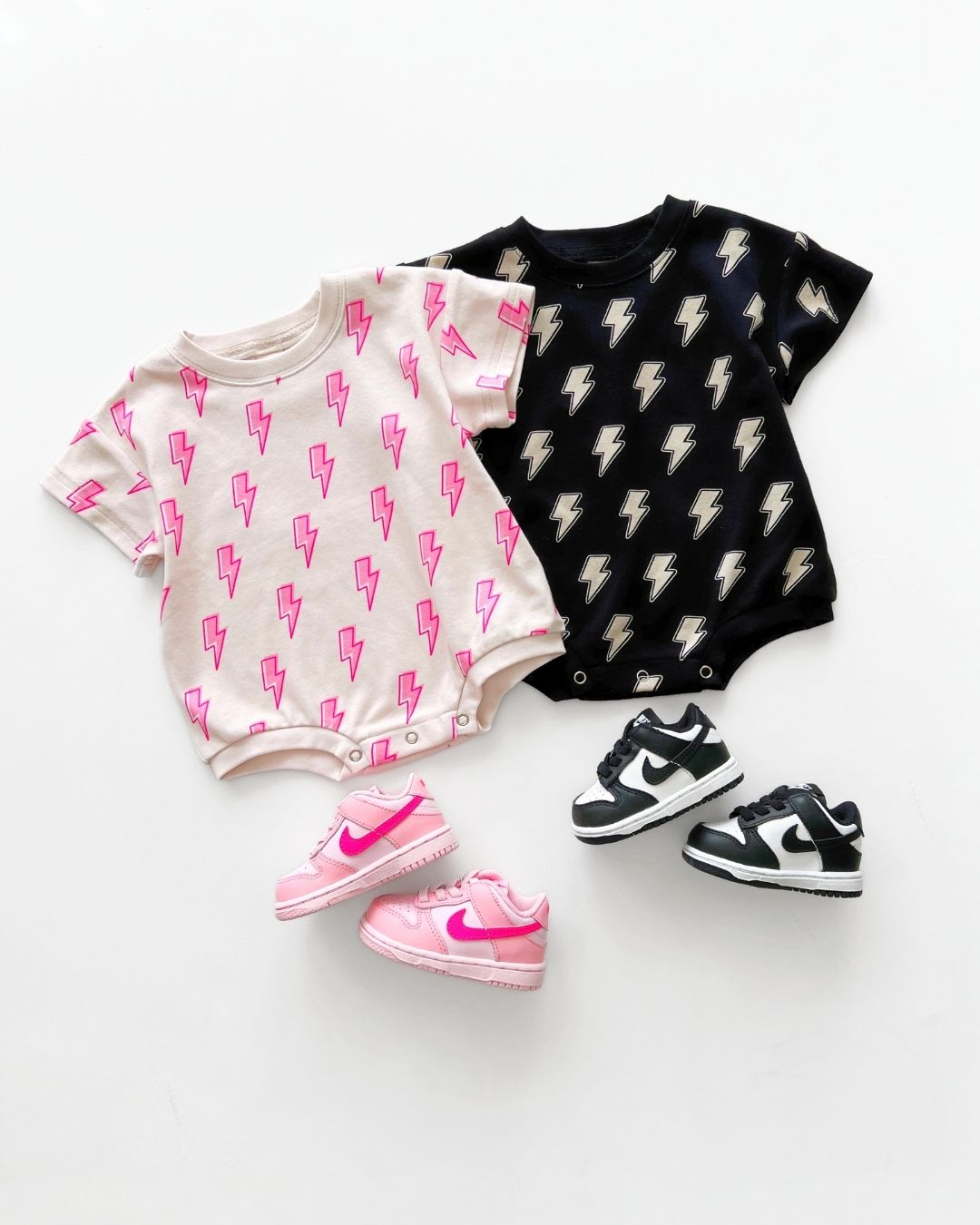 short sleeve bubble romper // pink lightning bolts