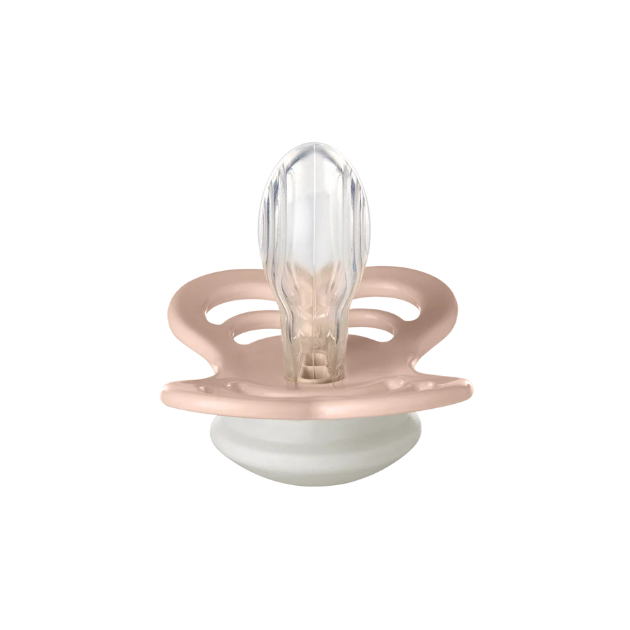 BIBS supreme GLOW pacifier // symmetrical silicone nipple // blush GLOW