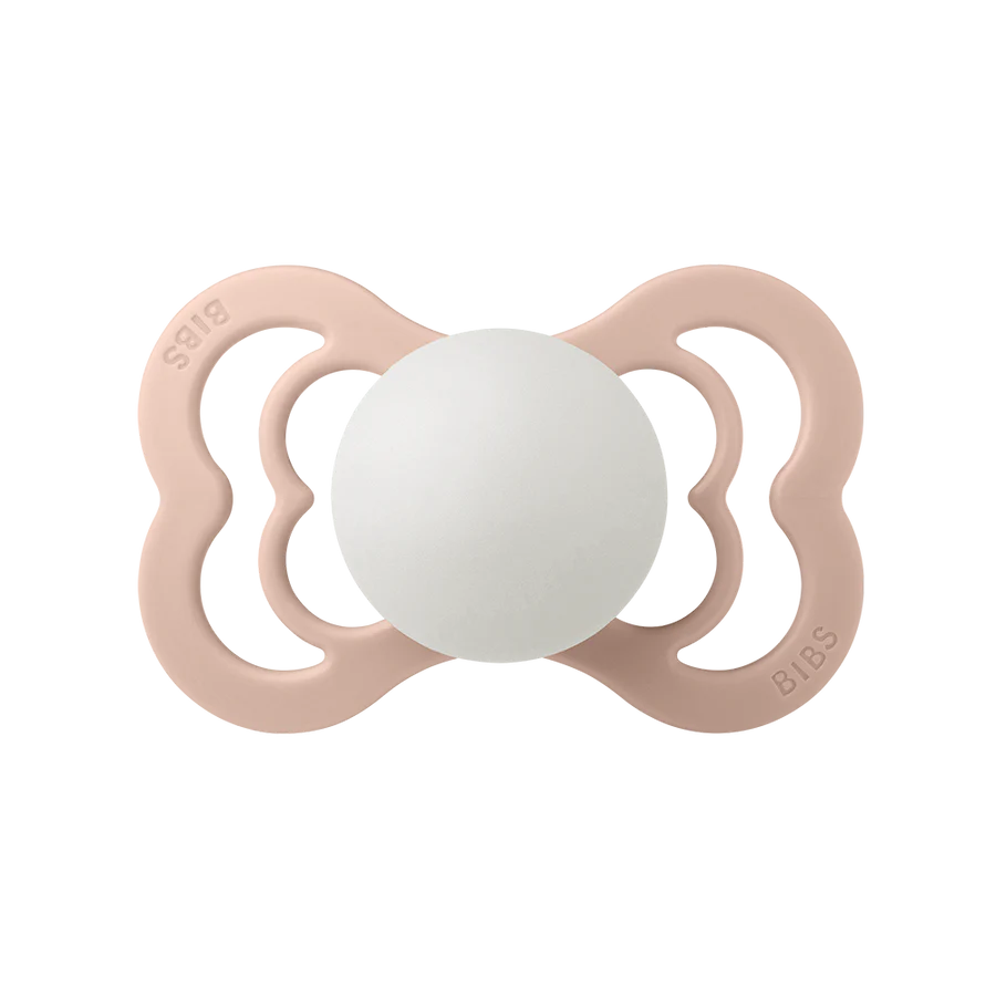 BIBS supreme GLOW pacifier // symmetrical silicone nipple // blush GLOW