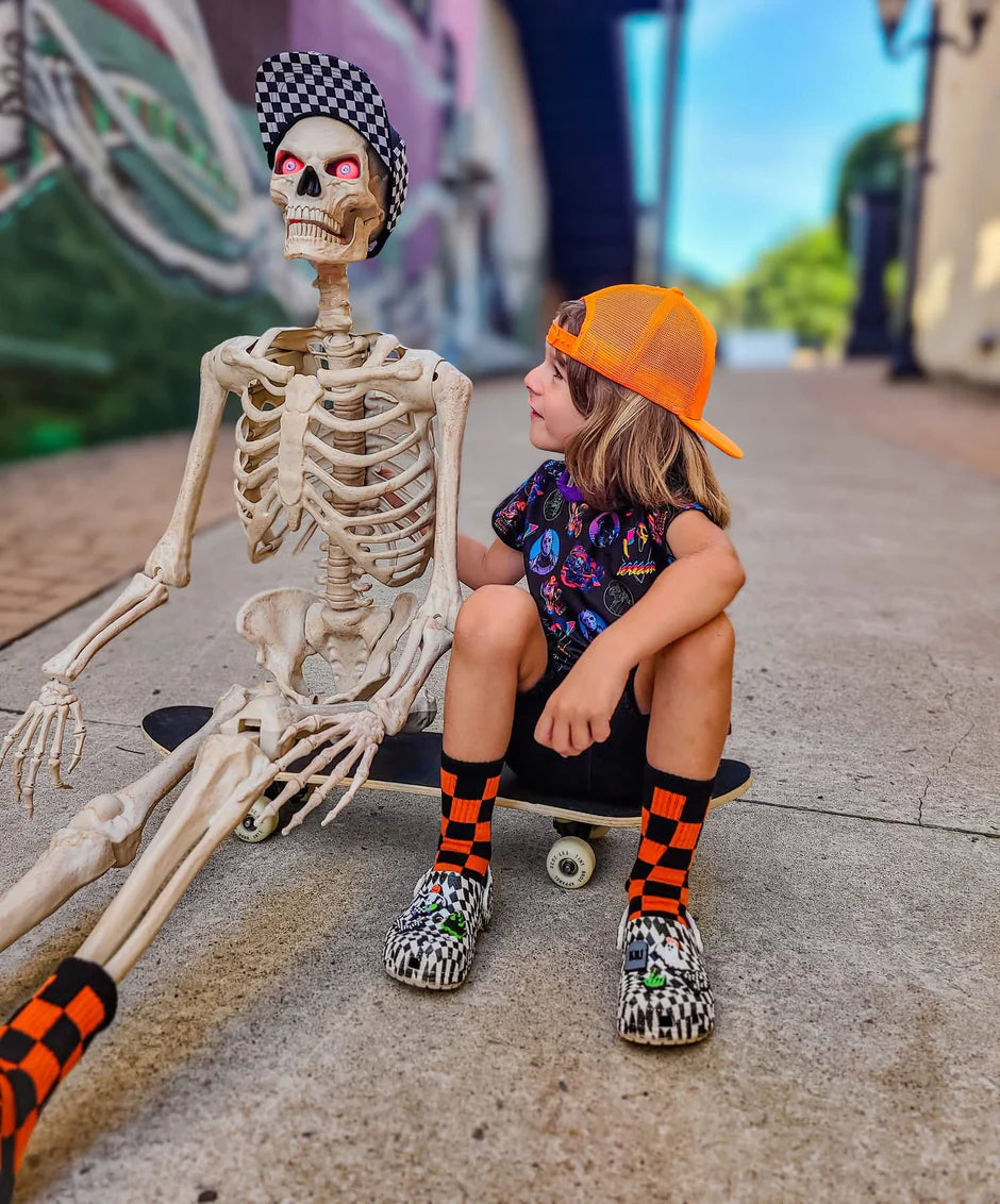 black + orange checkered socks