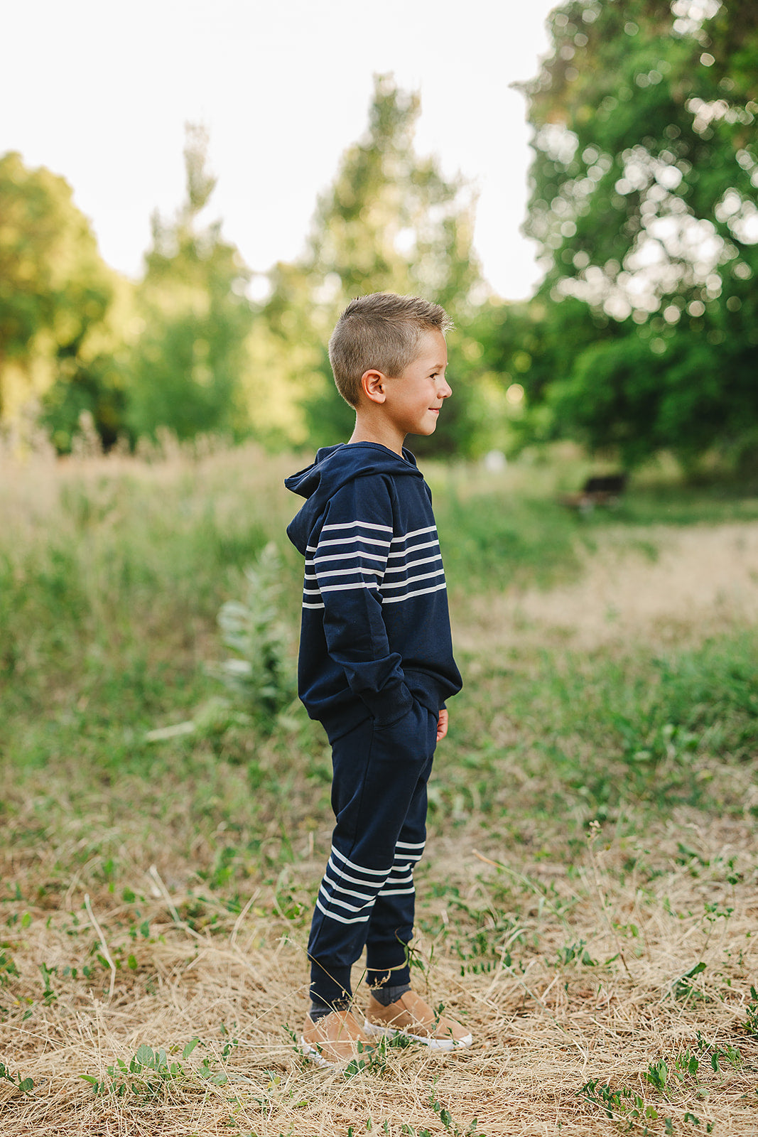 hooded french terry set // navy stripes