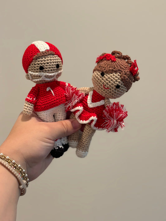 hewitt trussville / red + white cheerleader / football player doll rattles