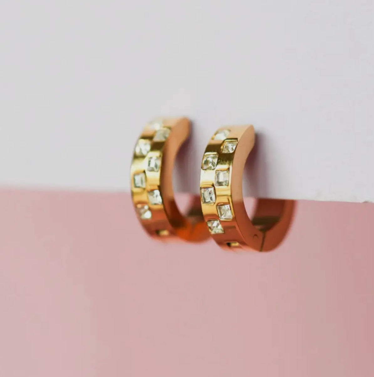 rhinestone + gold checkered huggies // 18k gold