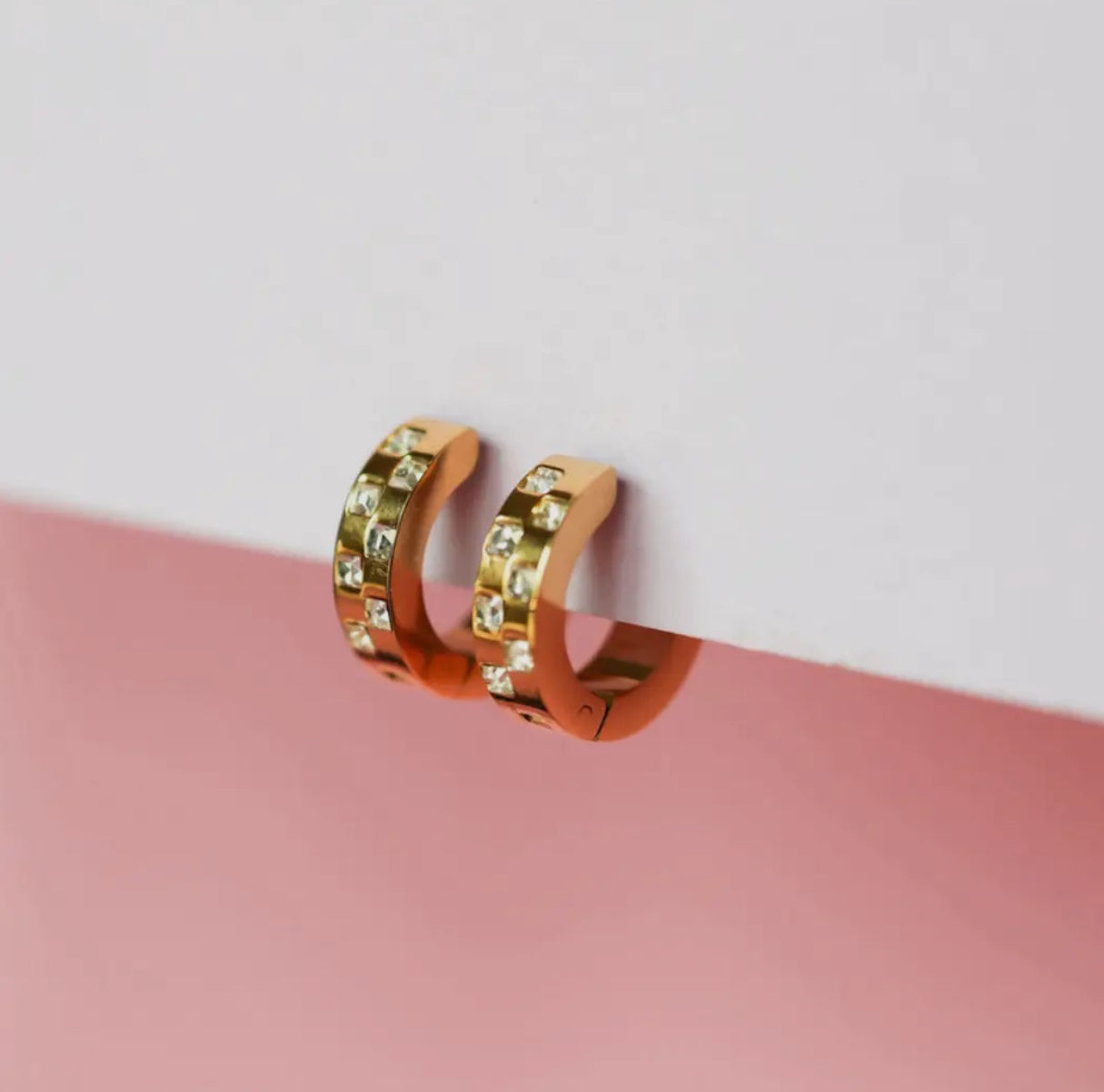 rhinestone + gold checkered huggies // 18k gold