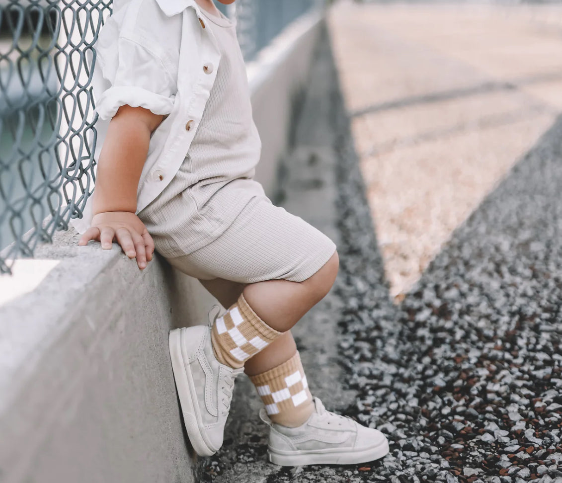 tan + white checkered socks
