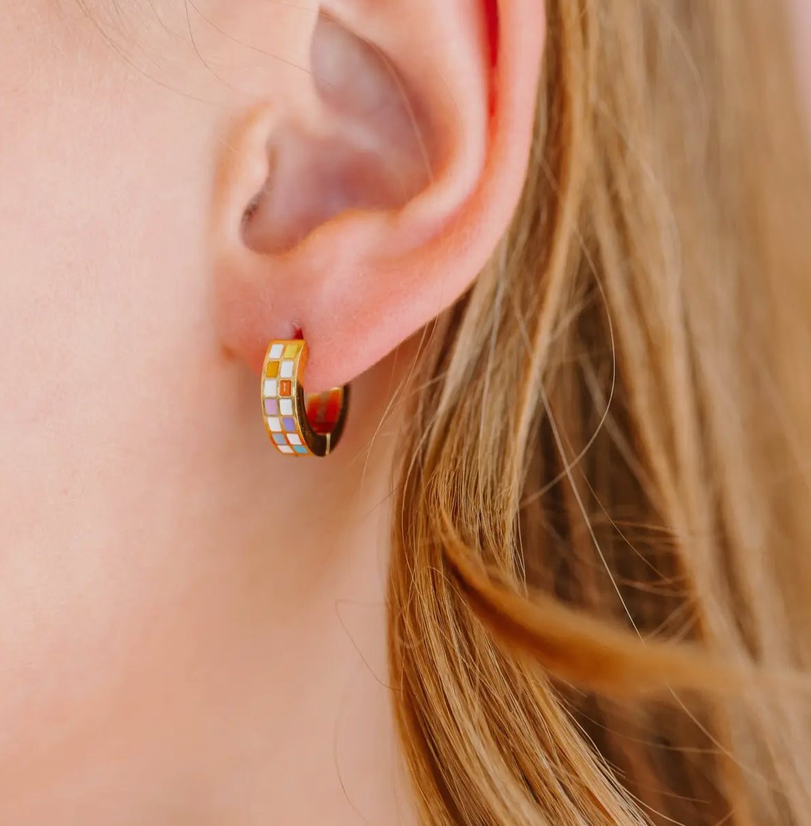 rainbow checkered huggies // 18k gold