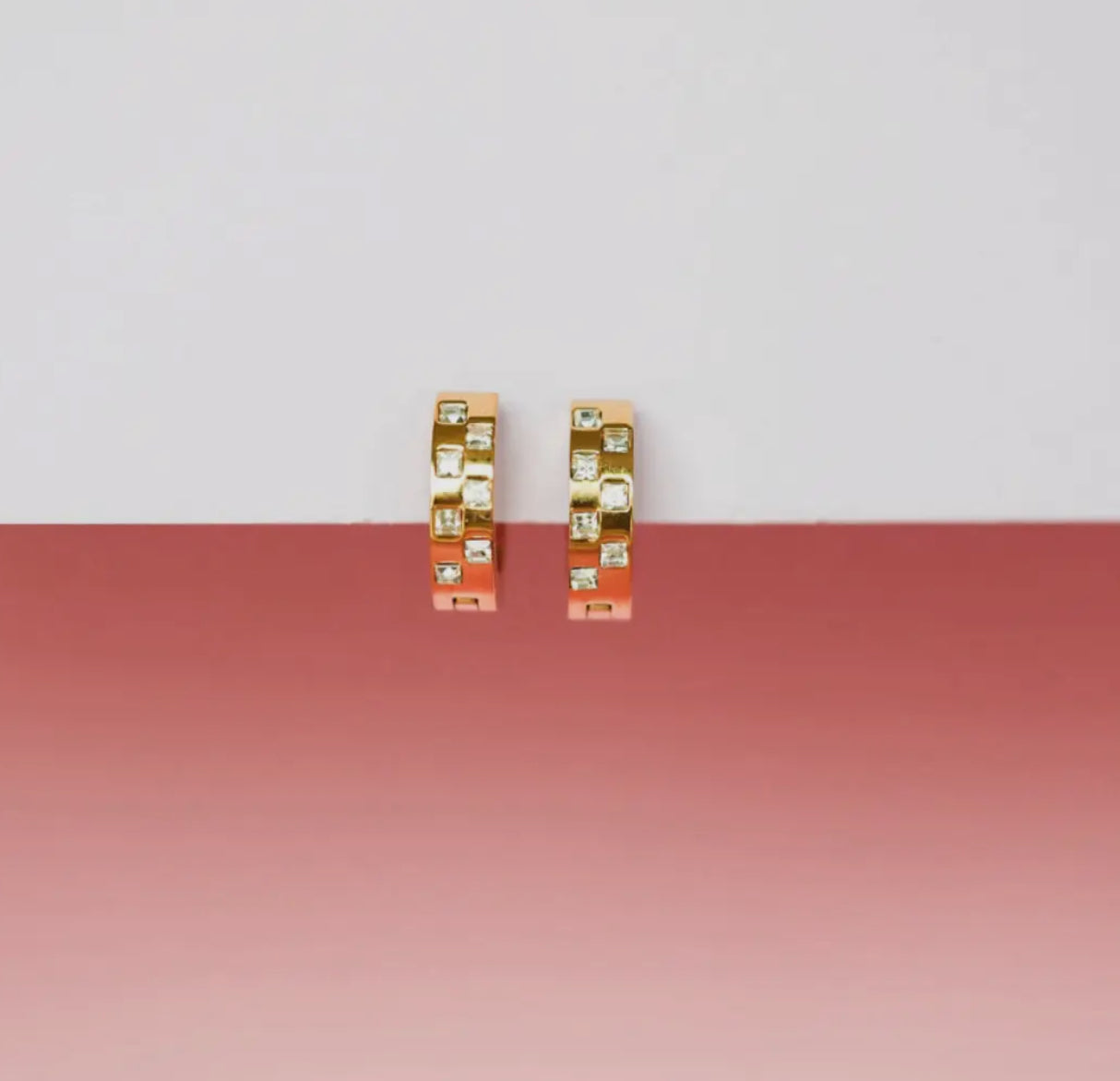 rhinestone + gold checkered huggies // 18k gold