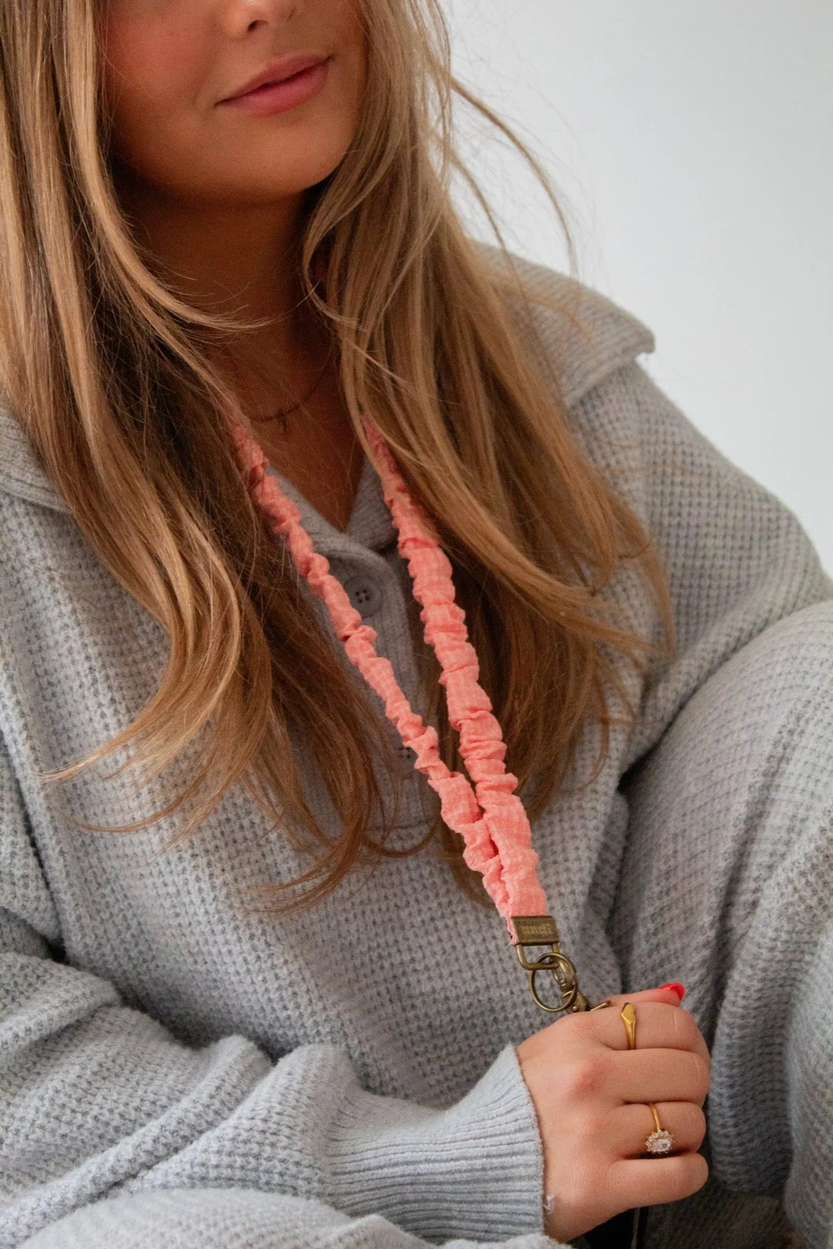 scrunched fabric lanyard keychain // coral gingham