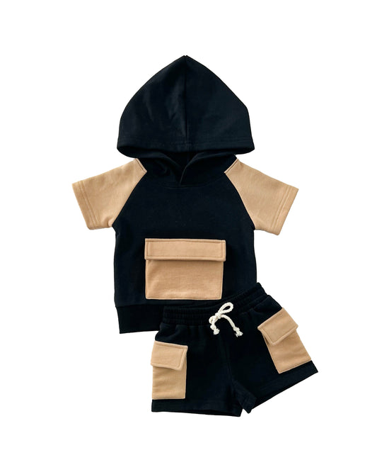 terry cargo shorts set // black + tan (sizing up to 8/9)