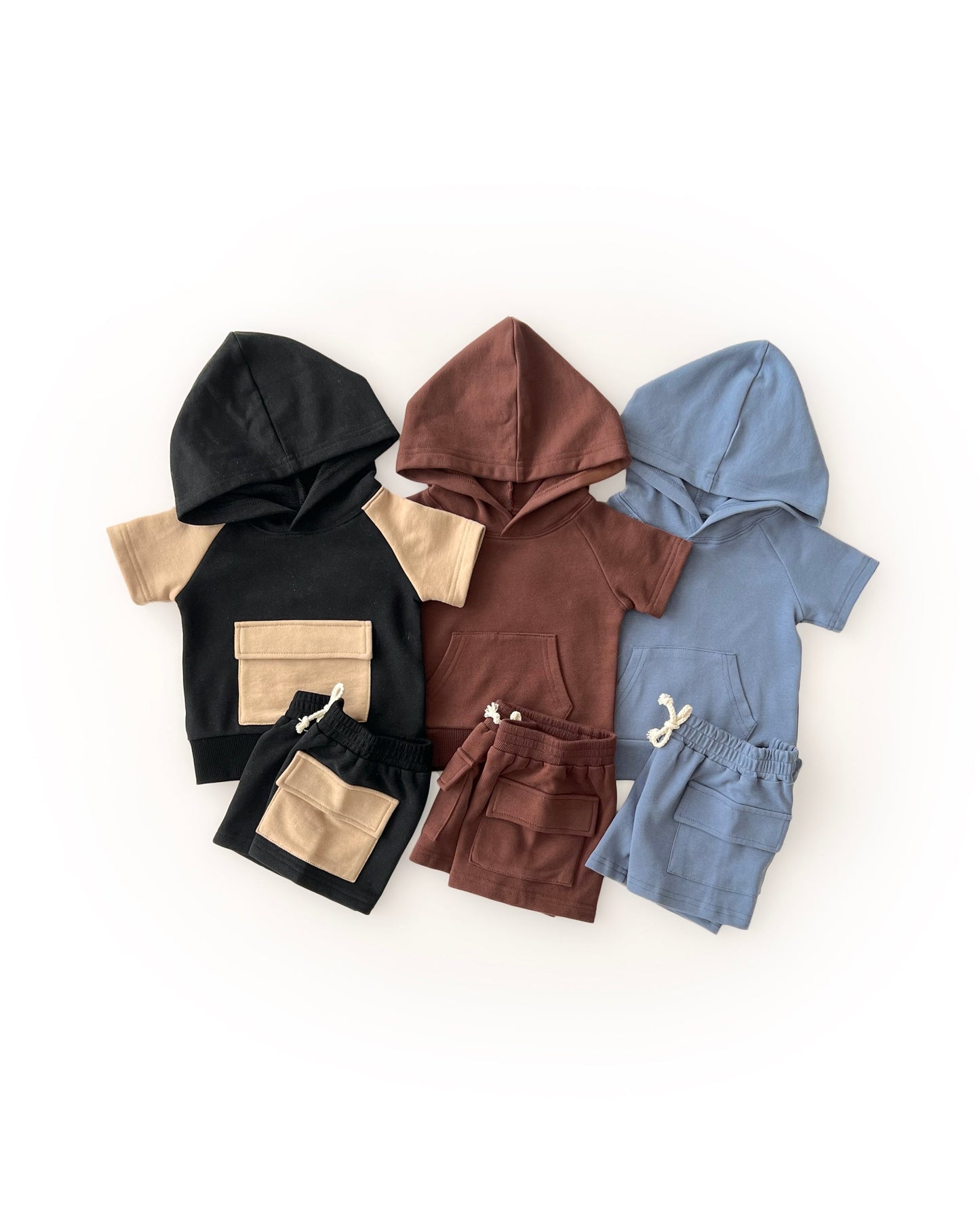 terry cargo shorts set // black + tan (sizing up to 8/9)