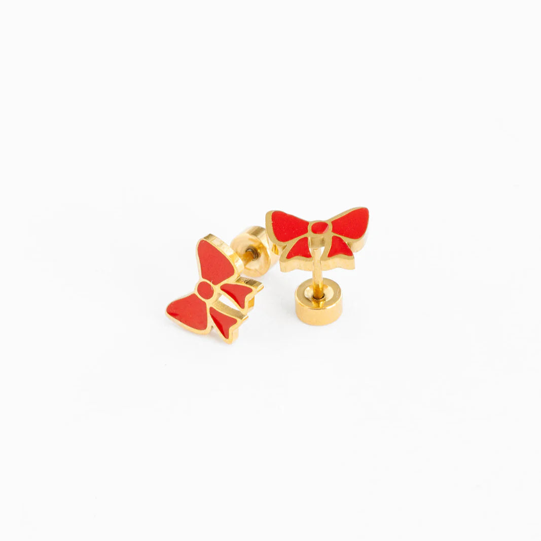 18k gold flat back studs // red bow