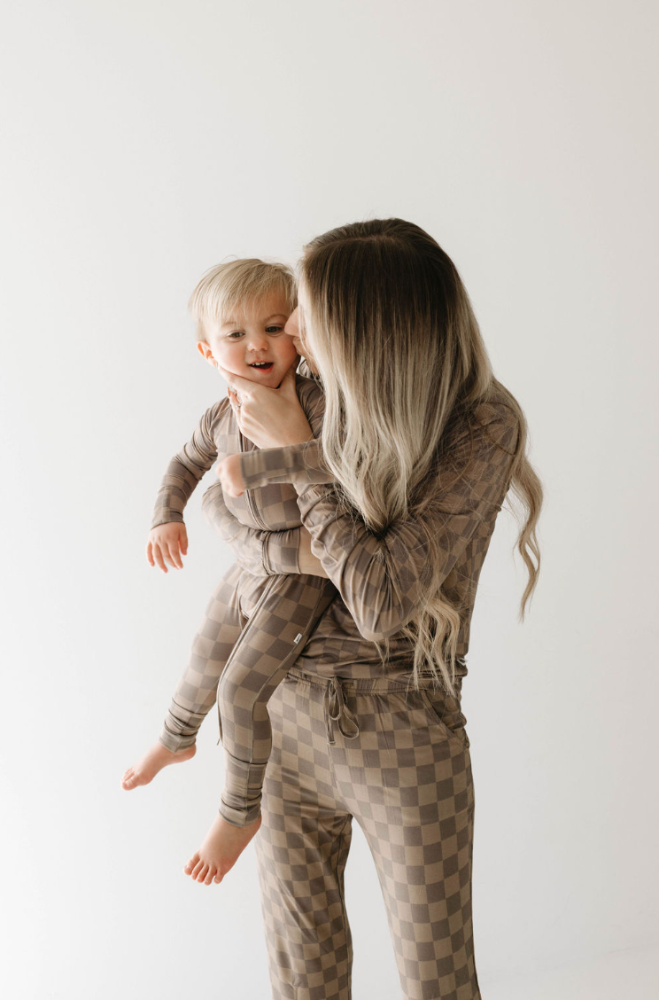 faded brown checkerboard bamboo pajamas // LONG-SLEEVE TWO-PIECE SET (comes in extended sizing)