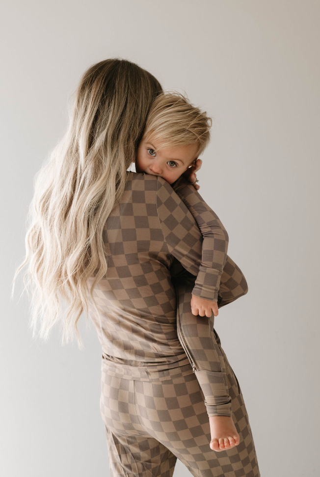 faded brown checkerboard bamboo pajamas // LONG-SLEEVE TWO-PIECE SET (comes in extended sizing)