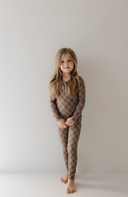 faded brown checkerboard bamboo pajamas // LONG-SLEEVE TWO-PIECE SET (comes in extended sizing)