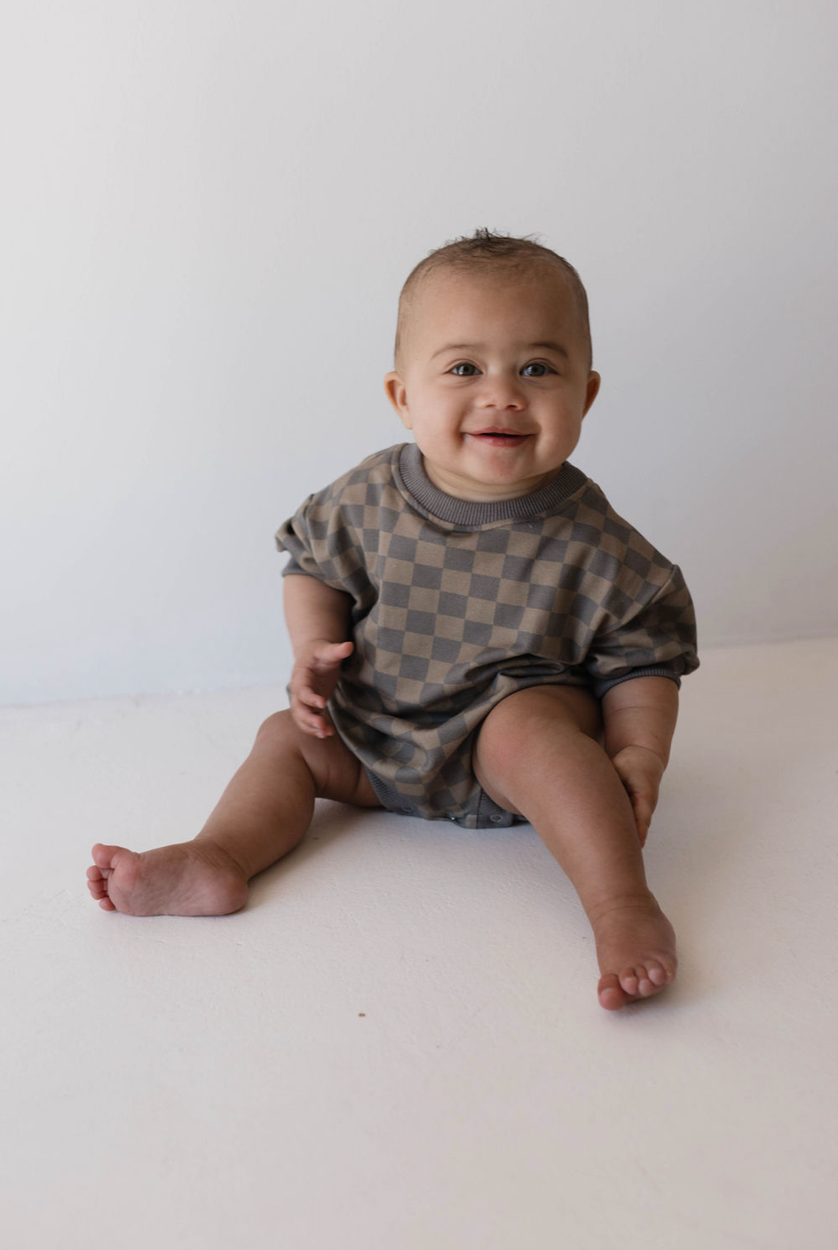 short sleeve romper // faded brown checkerboard