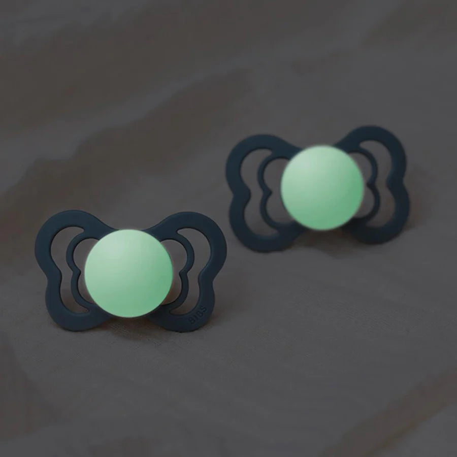 BIBS supreme GLOW pacifier // symmetrical silicone nipple // blush GLOW