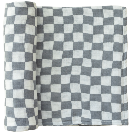 muslin swaddle blanket // dusty blue wavy checkered