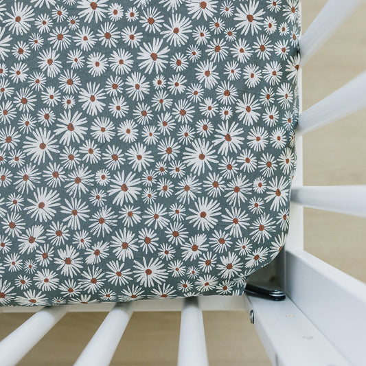 bamboo crib sheet // dark green daisy