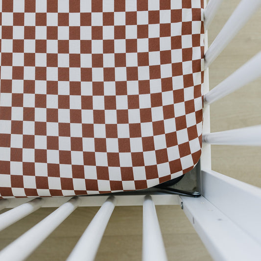 bamboo crib sheet // rust checkered