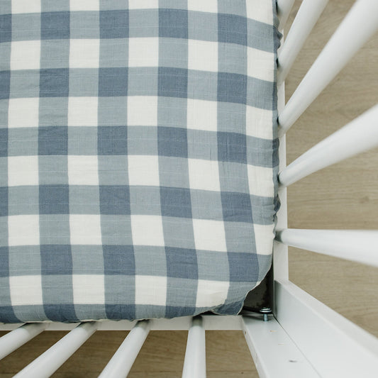 muslin crib sheet // dusty blue gingham