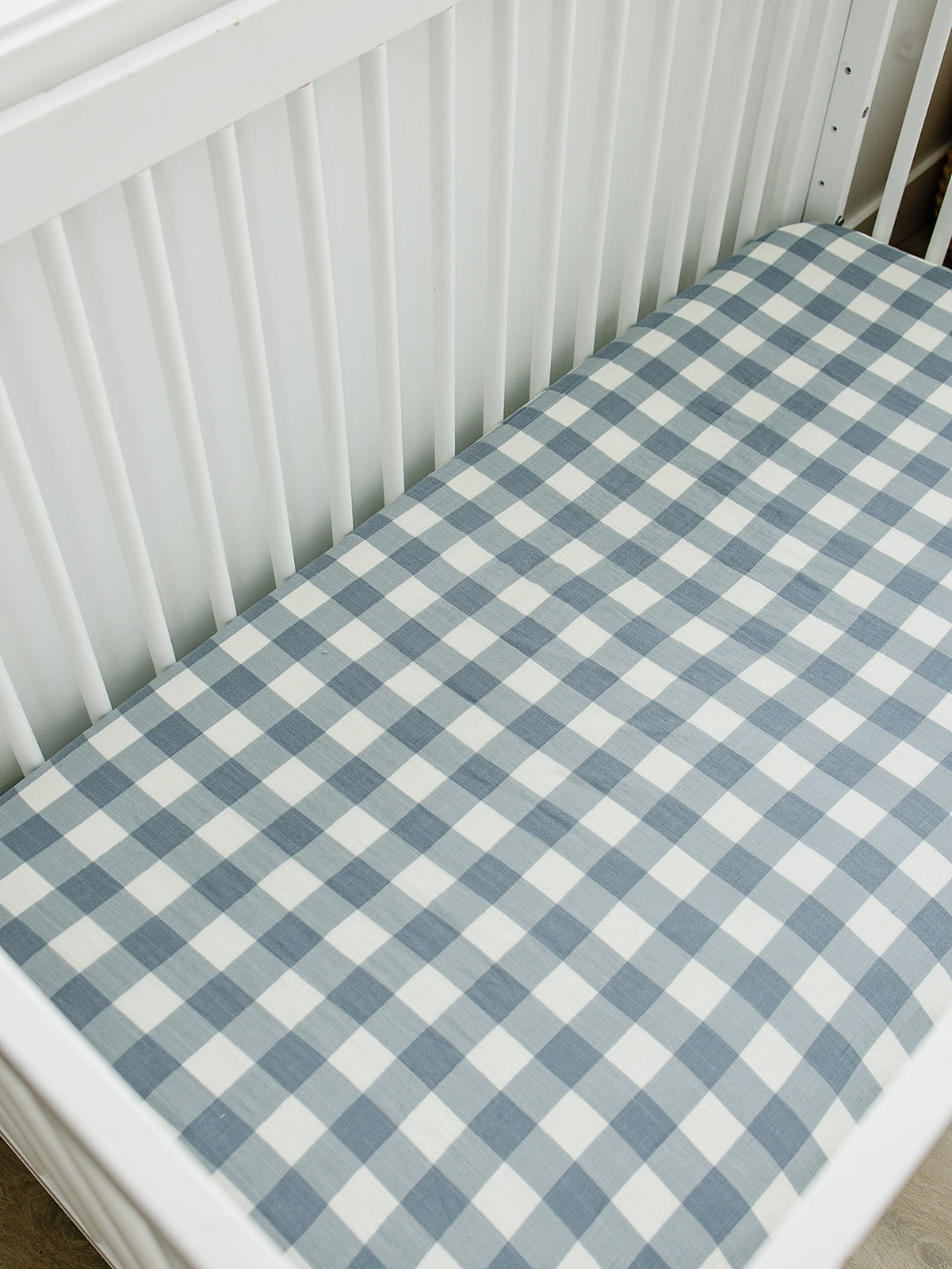 muslin crib sheet // dusty blue gingham