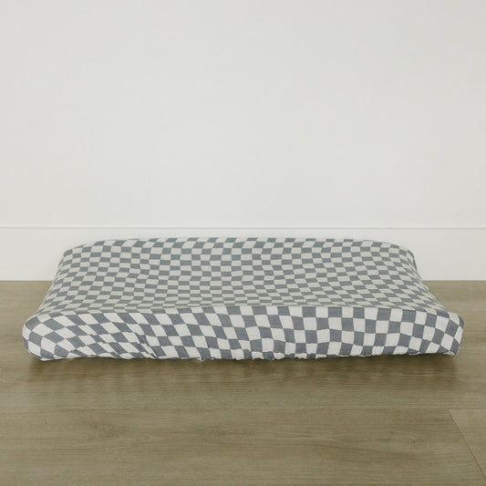 muslin changing pad cover // dusty blue wavy checkered