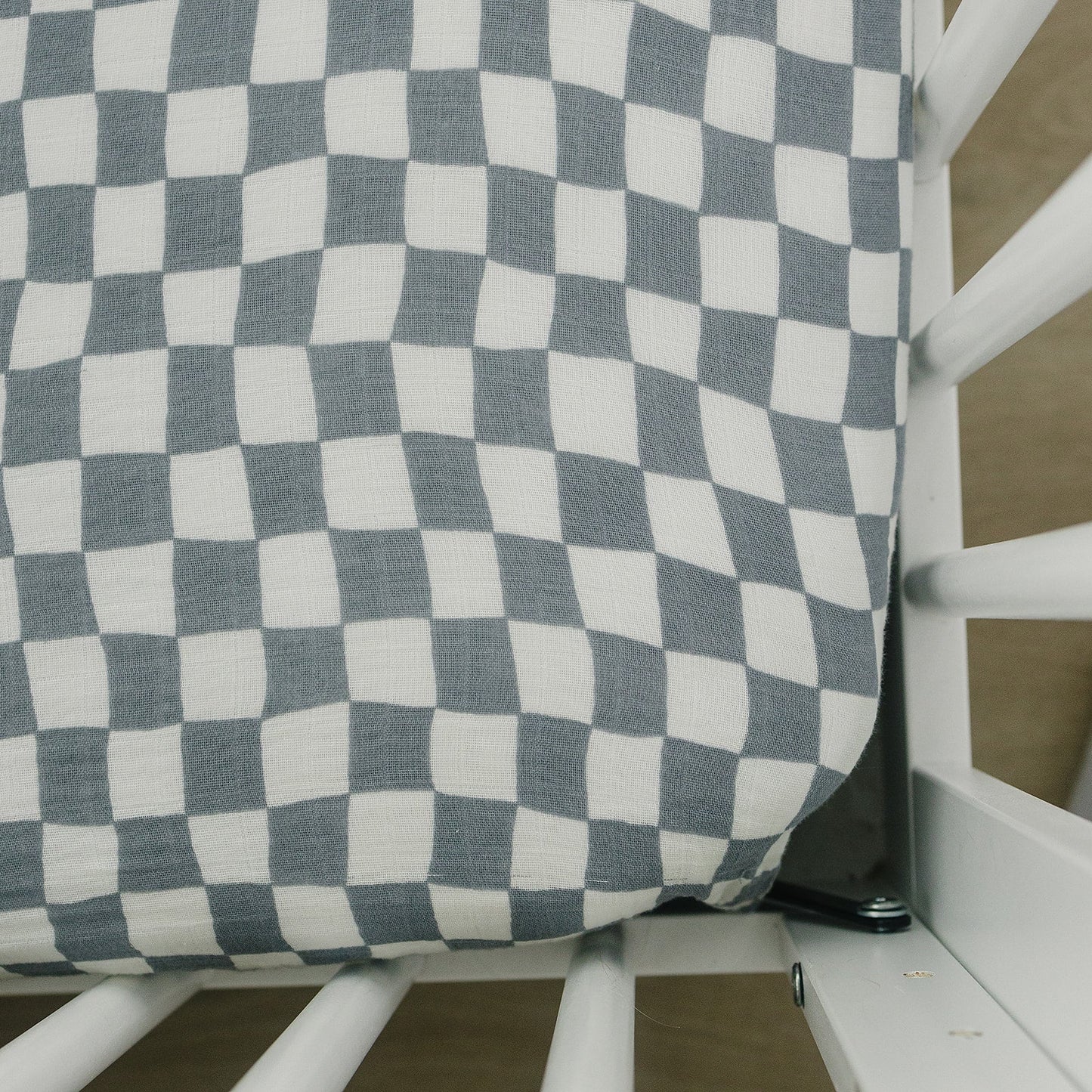 muslin crib sheet // dusty blue wavy checkered