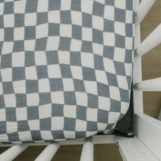 muslin crib sheet // dusty blue wavy checkered