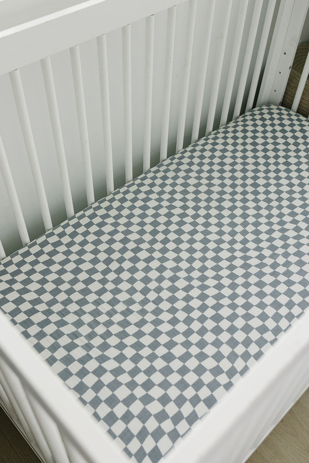 muslin crib sheet // dusty blue wavy checkered