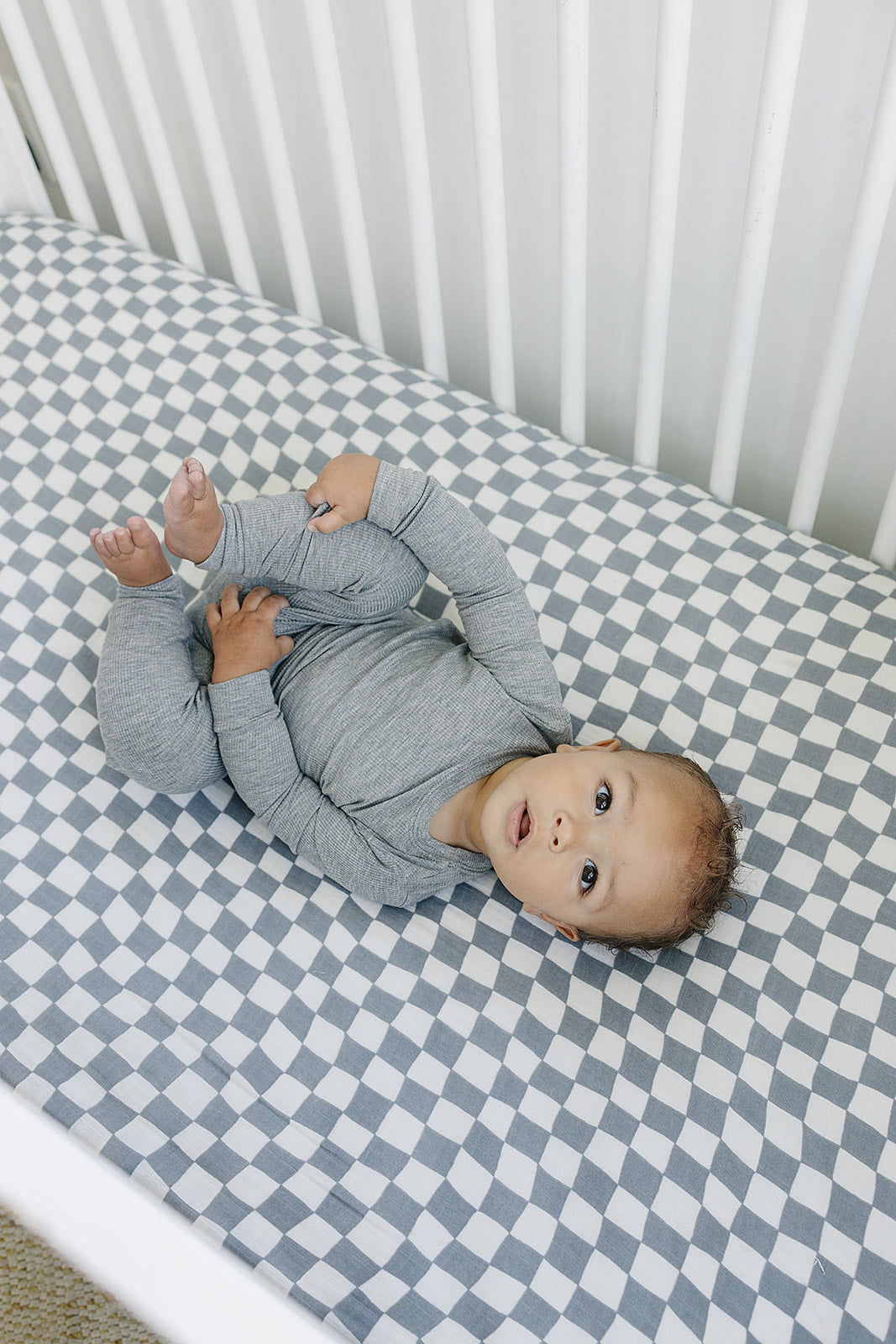 muslin crib sheet // dusty blue wavy checkered