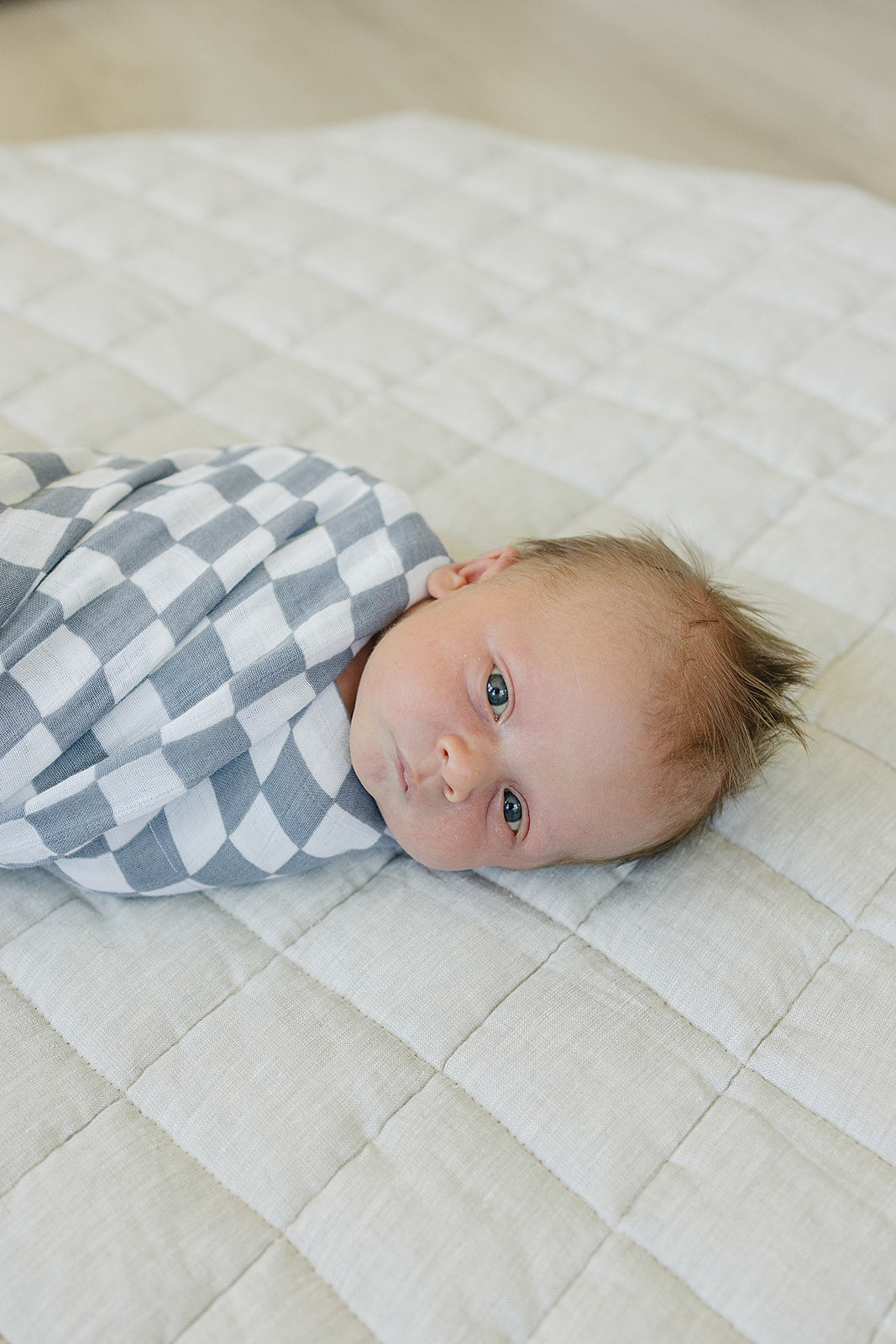 muslin swaddle blanket // dusty blue wavy checkered