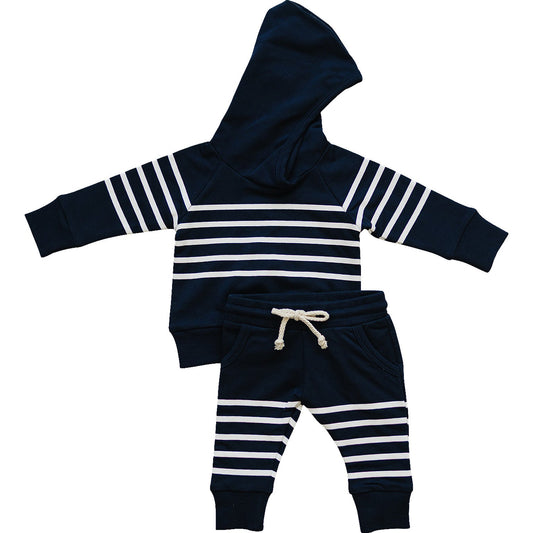 hooded french terry set // navy stripes