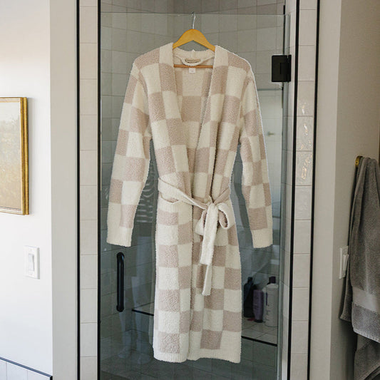 women's taupe checkered robe